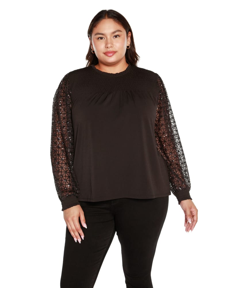 Front of a model wearing a size 1X Plus Size Sequin Embellished Smocked Top in Black by Belldini Black Label. | dia_product_style_image_id:319244